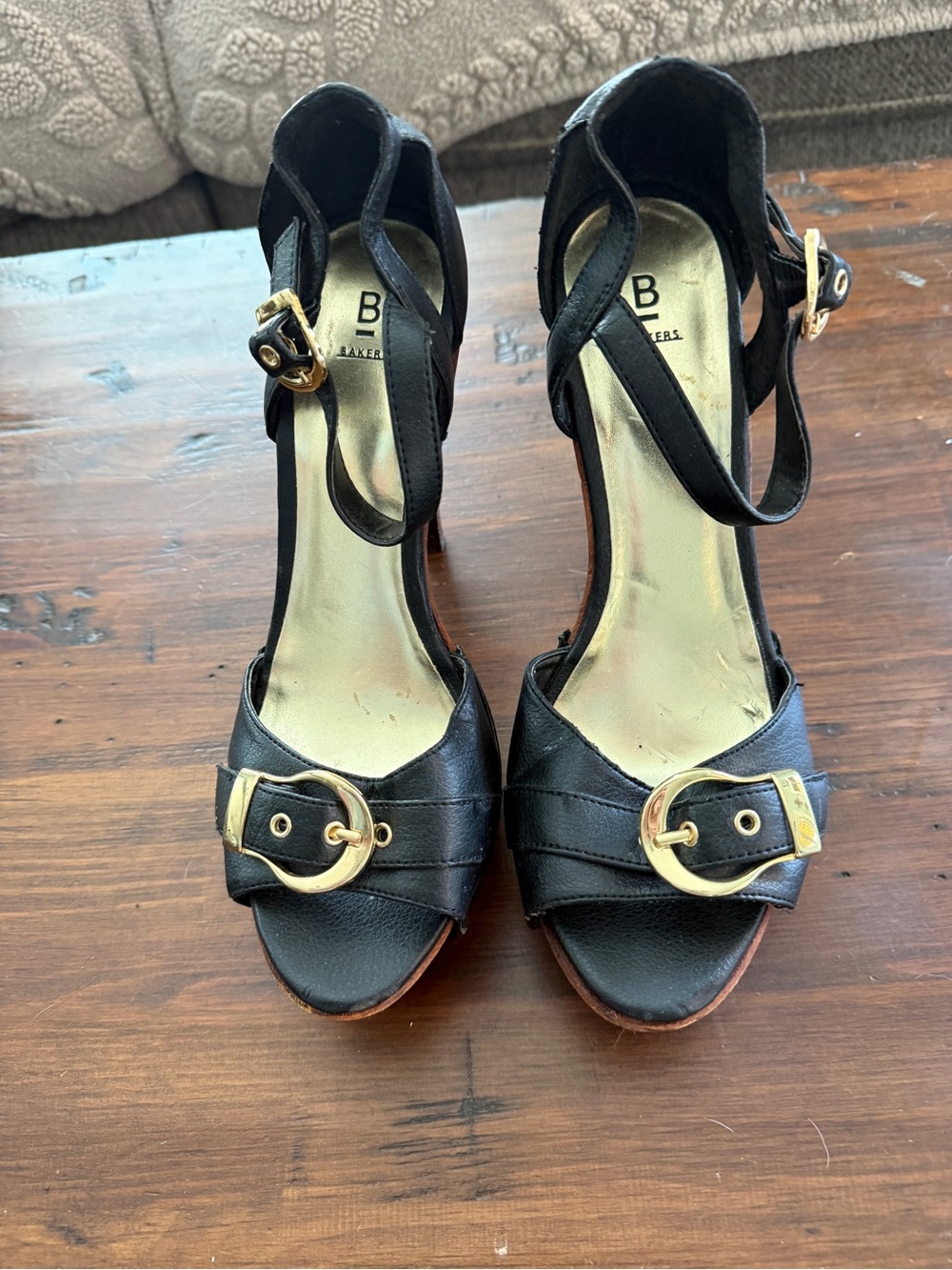 Bakers Black Leather Open-Toe Ankle-Strap Heels with Gold Buckles